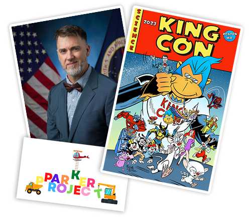 Three photos at angles, one of the logo of my parker project, a non profit helping familys with cancer, a photo of Steven C. Smith and an image of the poster designed by warner brothers illustrator keith tucker Three photos at angles, one of the logo of my parker project, a non profit helping familys with cancer, a photo of Steven C. Smith and an image of the poster designed by warner brothers illustrator keith tucker