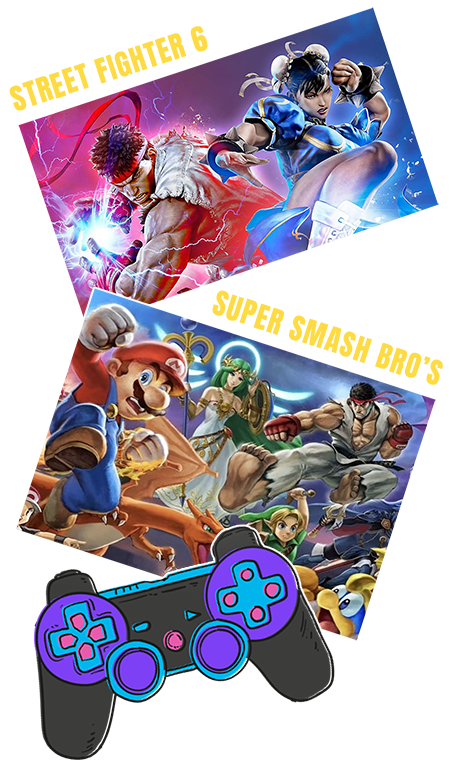 Photo of Street Fighter 6 Characters fighting with a seperate photo of a group of the character from super smash bro's and a controler Photo of Street Fighter 6 Characters fighting with a seperate photo of a group of the character from super smash bro's and a controler
