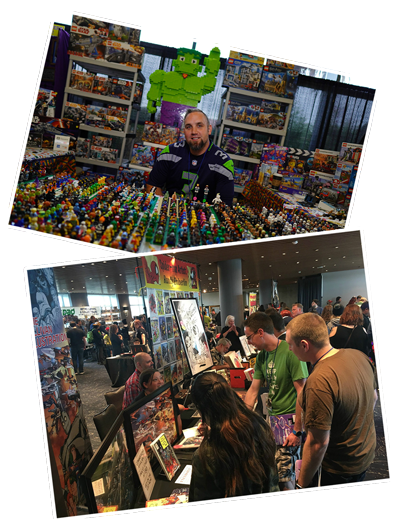 Two photos at angles, one of the vendor hall at kingcon, the other of a vendor selling lego characters