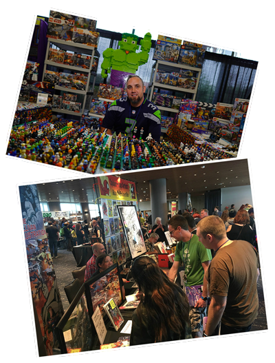 Two photos at angles, one of the vendor hall at kingcon, the other of a vendor selling lego characters Two photos at angles, one of the vendor hall at kingcon, the other of a vendor selling lego characters